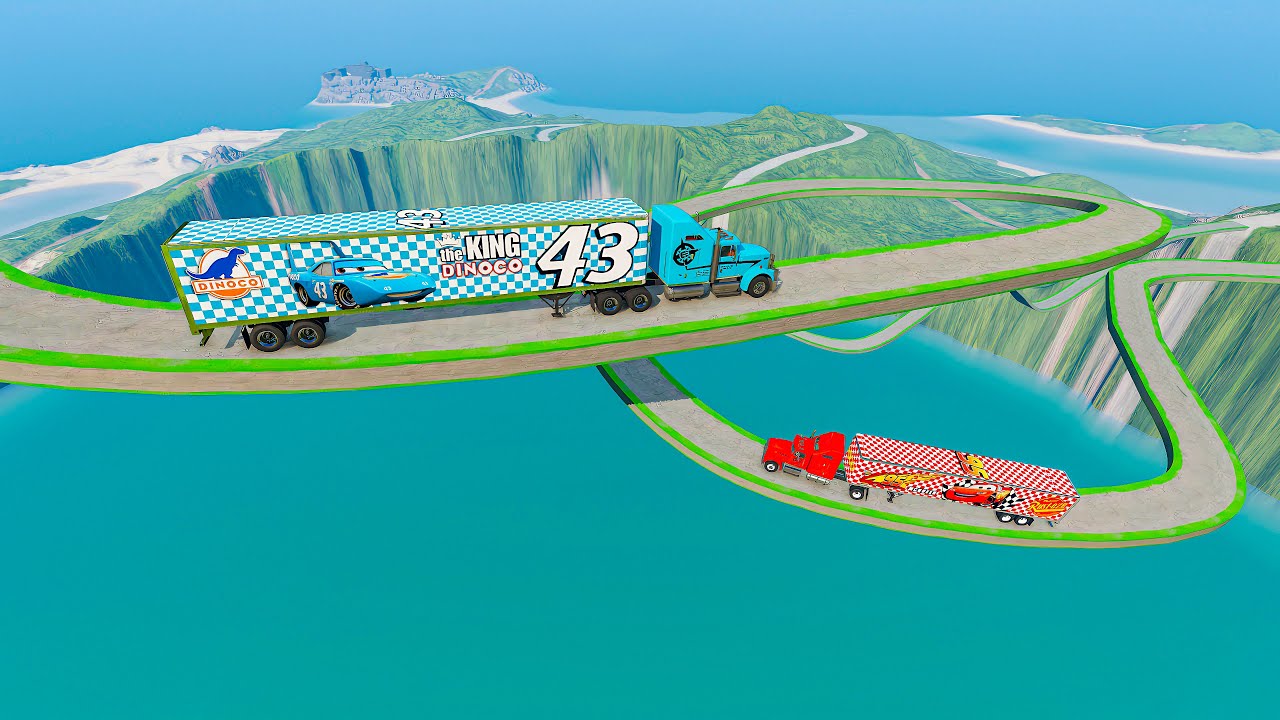 Mack Truck vs King Dinoco Truck vs Impossible Wave Bridge Crossing Cars Vs Deep Water - BeamNG.Drive