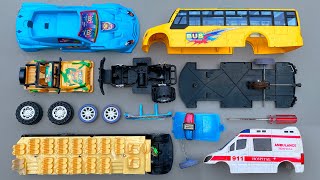 Merakit Mainan Mobil Polisi, Mobil Jeep Militer, Ambulans, Bus Sekolah