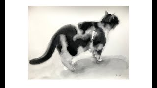 How to paint tuxedo cat - wet on wet watercolor technique