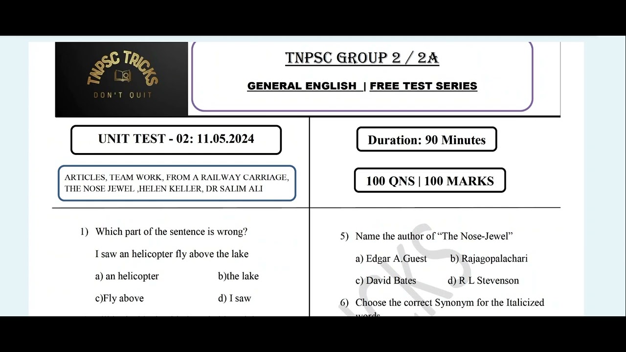 Unit Test - 02 PDF| General English Free Test Series | TNPSC Group 2 ...