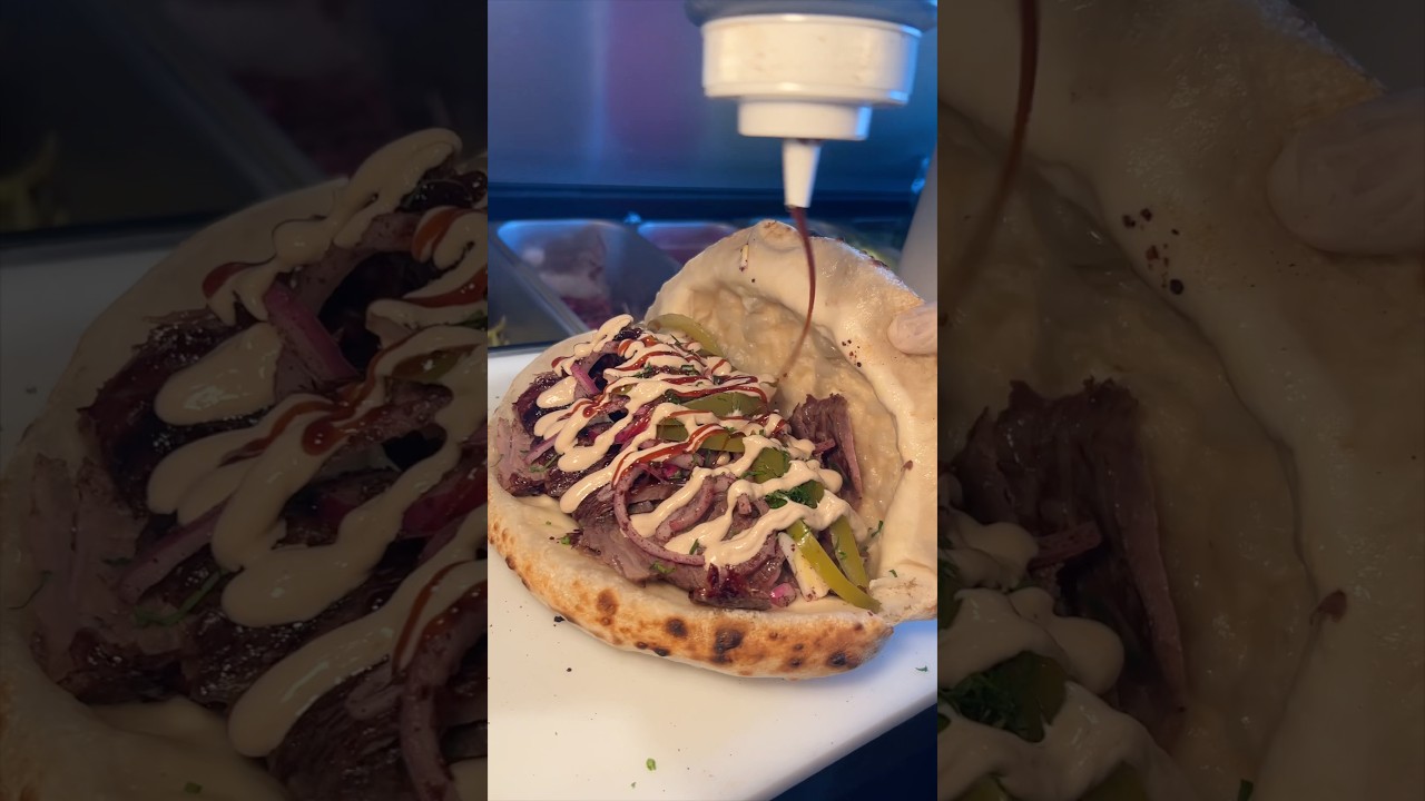 BEEF SHAWARMA PIZZA SANDWICH from Ayat NYC! 🥩🍕🔥🤤 Yes, PLEASE! Who’s hungry? #DEVOURPOWER