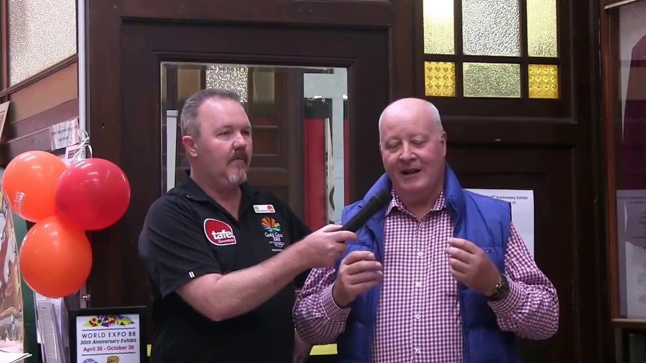 Jason Ford interviews Peter Rasey, at the opening of the Kingaroy Expo 88 display