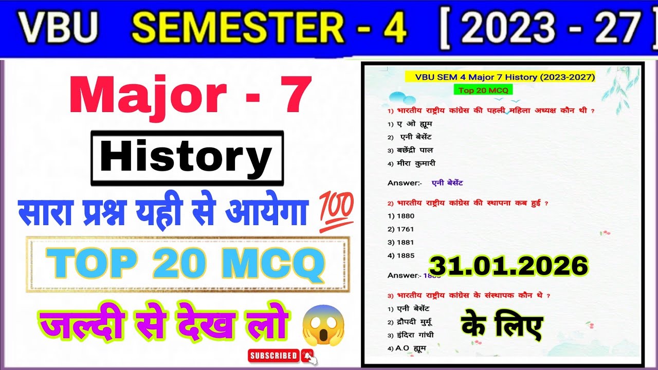 VBU SEM 4 Major 7 History Important Objective Question Top 20 MCQ (2023-2027) 