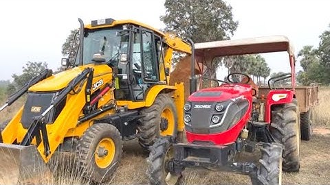 Jcb 3dx Backhoe Loader Machine Loading Red Soil In Mahindra and Swaraj Tractor | Jcb and Tractor