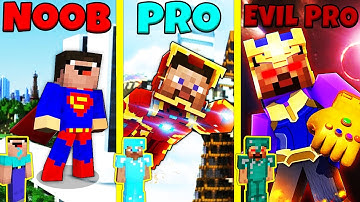 Minecraft Battle: NOOB vs PRO vs EVIL PRO: SUPERHERO BUILD CHALLENGE / Animation