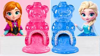 Tiny Cake Decorating🩷💙 Pink ANNA vs Blue ELSA Gummy Bear Lava Cakes 젤리베어 케이크 | Satisfying ASMR