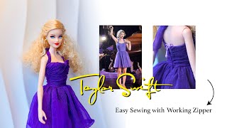 FREE pattern Purple dress w. working zipper, Taylor style, Barbie and BJD Doll clothes easy tutorial