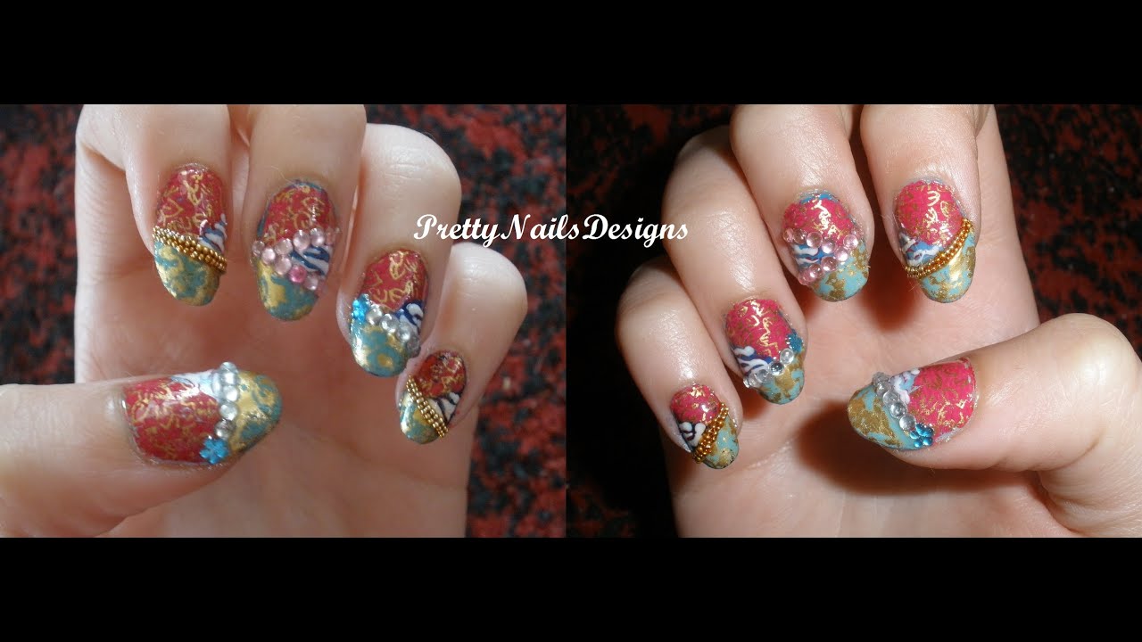 Golden, Red & Blue Nail Design using Nail Foil - YouTube