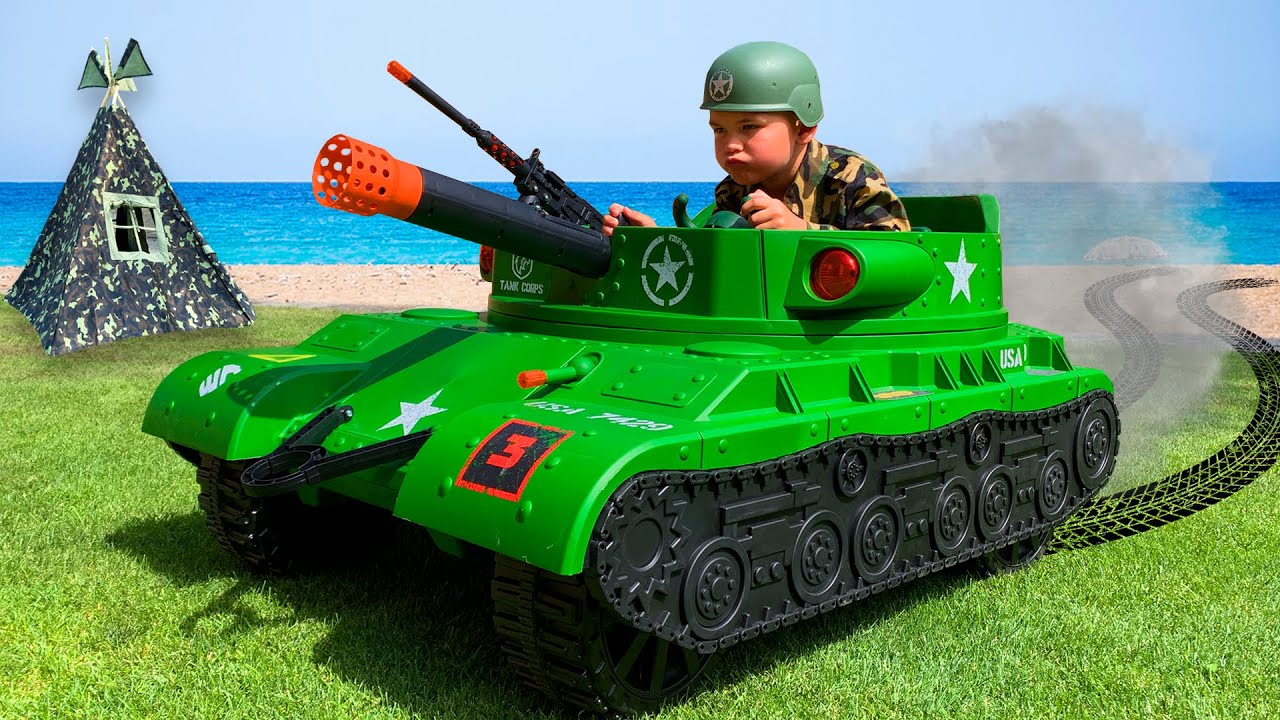 Dima pretend play like a soldier ride on tank