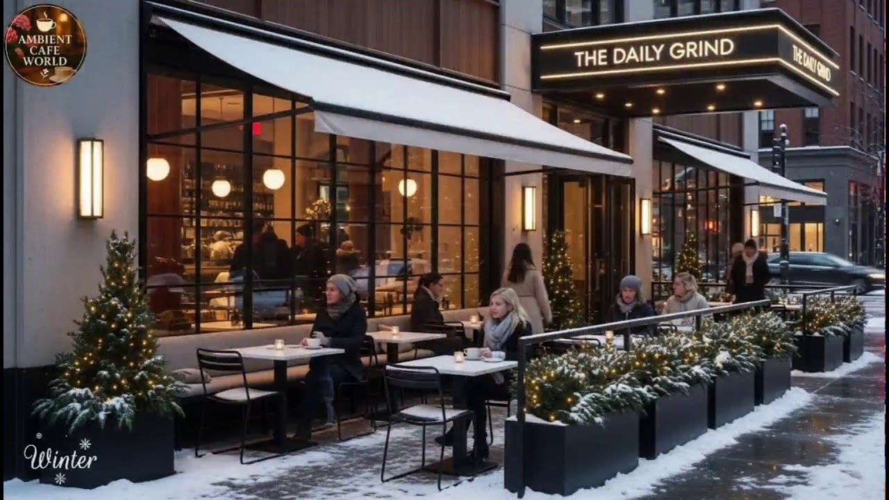 🔴 Soft Winter Jazz Music & Snowfall for Studying ⛄ Outdoor Coffee Shop Ambience with Warm Jazz Music