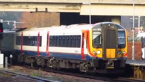 Bournemouth station. Arrival, attachment and departure of class 444 + announcements
