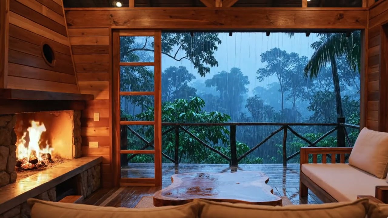 Cozy Cabin Fireplace & Heavy Rain Sounds 🌧️🔥 Deep Sleep ASMR | Relaxing Forest Night Ambience