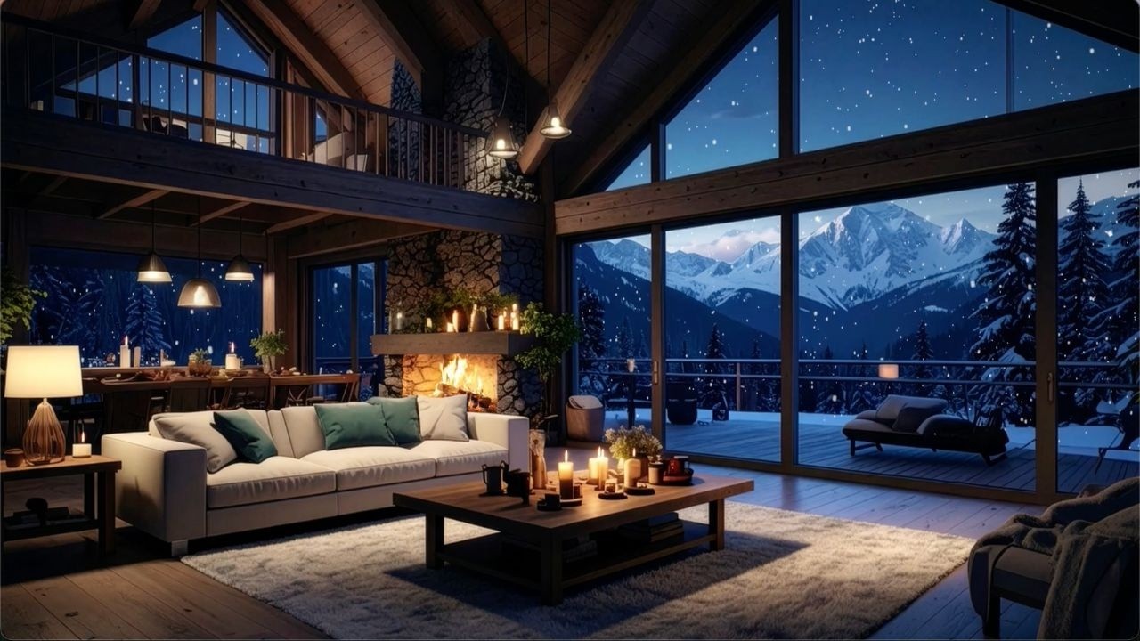 Snowy Cabin Fireplace Sounds with Relaxing Piano Jazz | Winter Ambience for Reading and Sleep