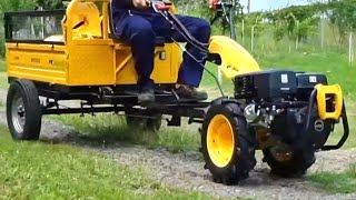 Plug, cositoare dublă, freză tractată, plug rotativ şi remorcă. Mini tractor ProGARDEN Campo U14e.