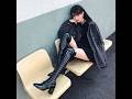 Most stylish shiny leather knee-length boots with mini dress night festival outfits for women's