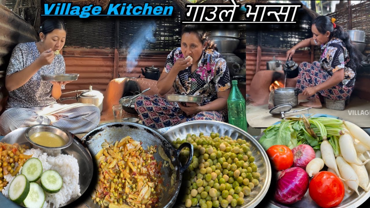 Nepali Village Cooking Radish & Matar Curry Recipe Eating With Dal Rice In Village Kitchen