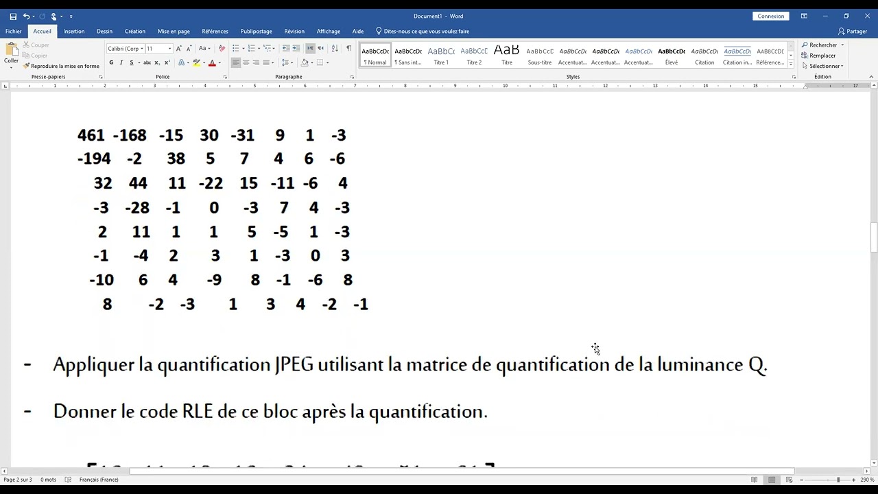 exercice avec solution sur la compression JPEG