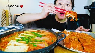 (Recipe Mukbang)Cheese Stuffed Kimchi Pancake + Kimchi Spam Stew Kimchi themed Mukbang!