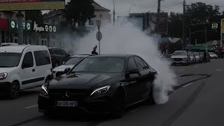 Illegal street drifting Mercedes C63s AMG Cinematic b-roll