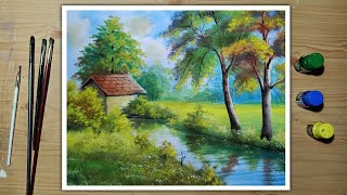 village landscape painting colour poster