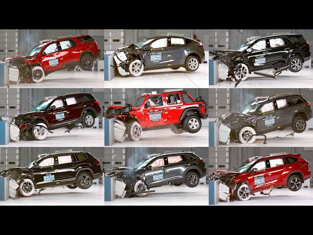 CAR CRASH TEST COMPILATION 10 Midsize SUV - Highlander, Traverse, Cherokee, Model Y, Explorer... class=