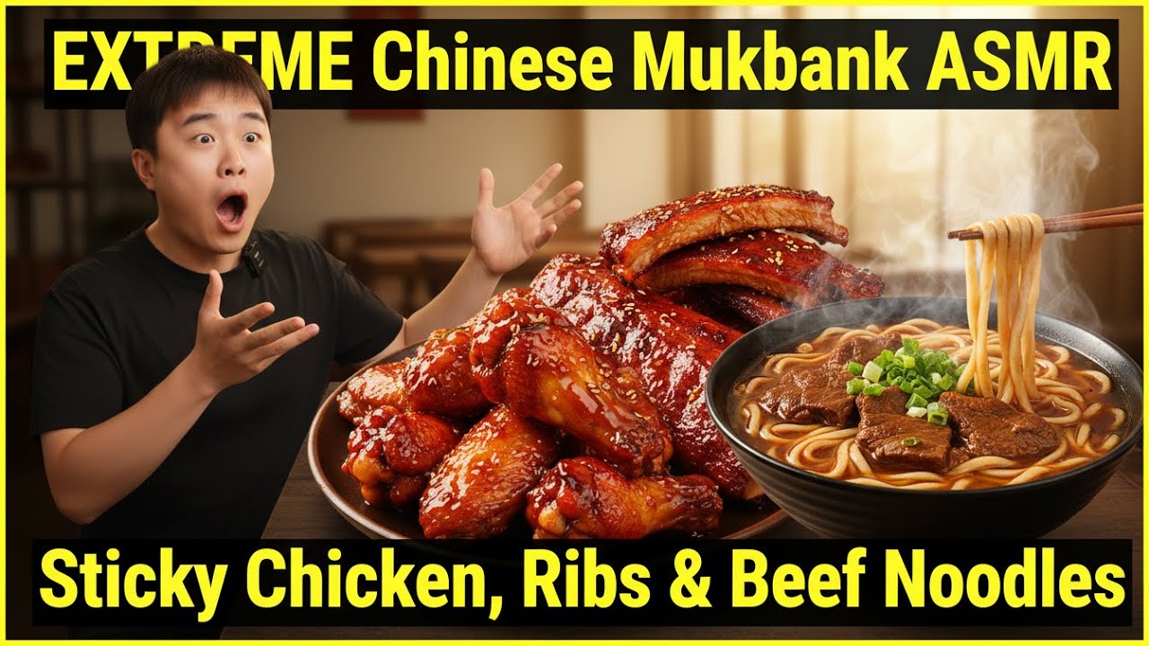 EXTREME Chinese Mukbang ASMR | Sticky Chicken, Ribs & Beef Noodles 😋