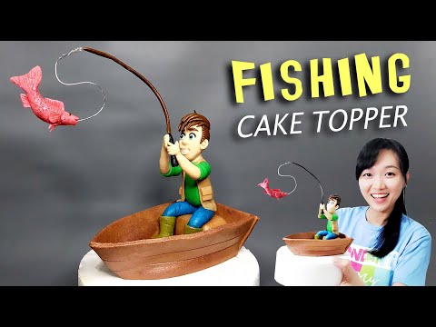 A Man Fishing on a Boat Cake Topper, Fishing Themed Cake, Fishing Cake