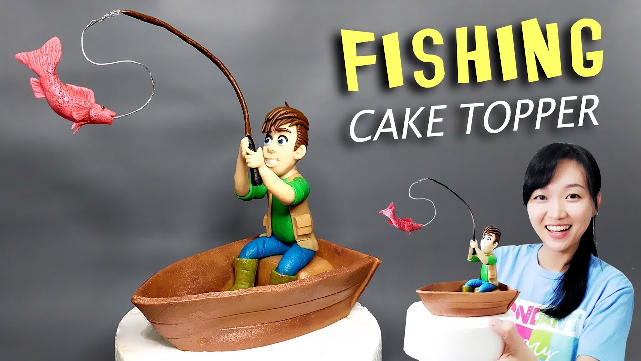 A Man Fishing on a Boat Cake Topper, Fishing Themed Cake, Fishing Cake