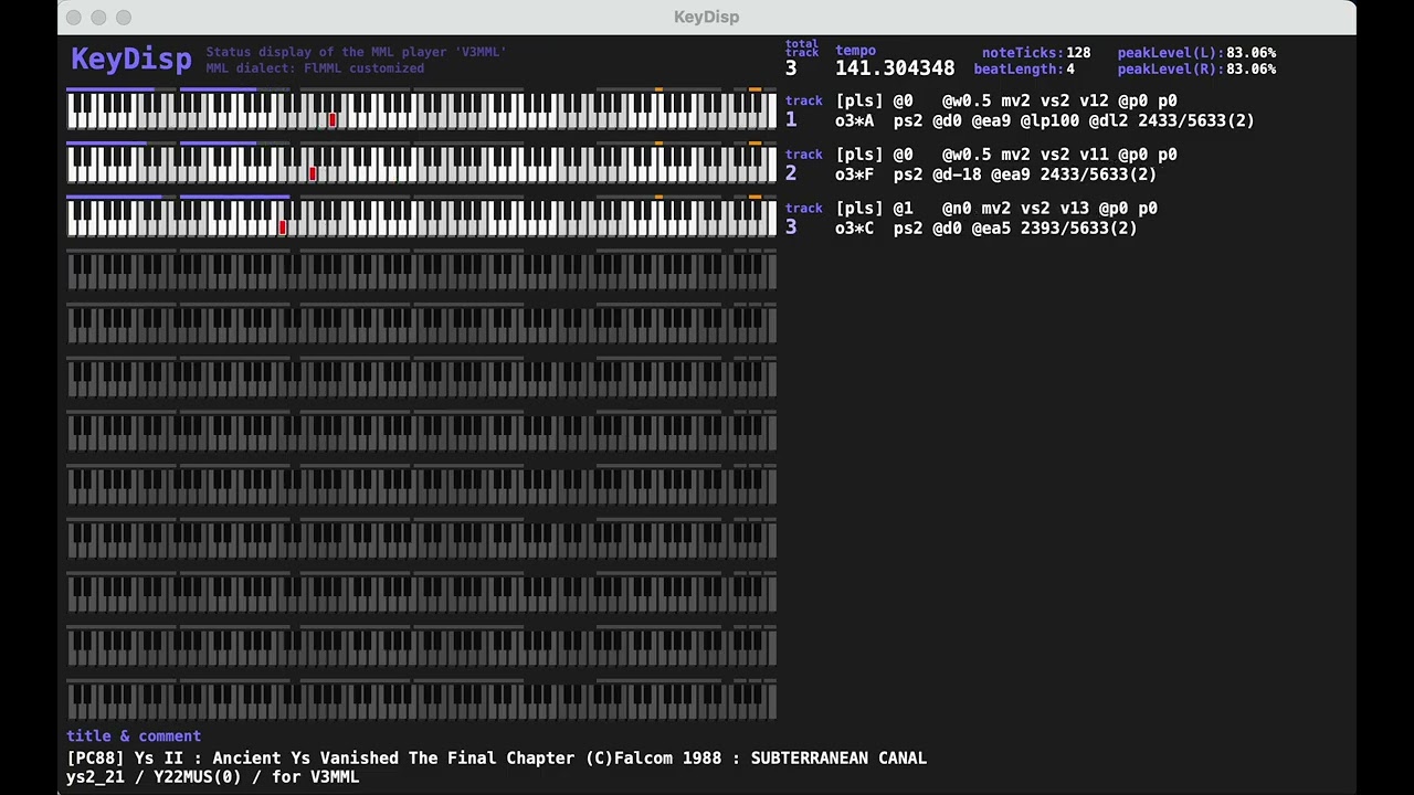 V3MML : [PC88-SSG only] Ys II : SUBTERRANEAN CANAL (C)Nihon Falcom Corporation 1988