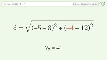 Find the distance between two points p1 (3,12) and p2 (-5,-4): Step-by-Step Video Solution