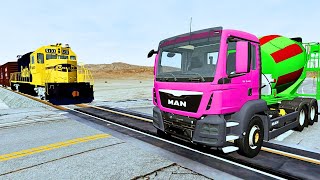 Double Flatbed Trailer Truck vs Speedbumps Train vs Cars | Tractor vs Train Beamng.Drive