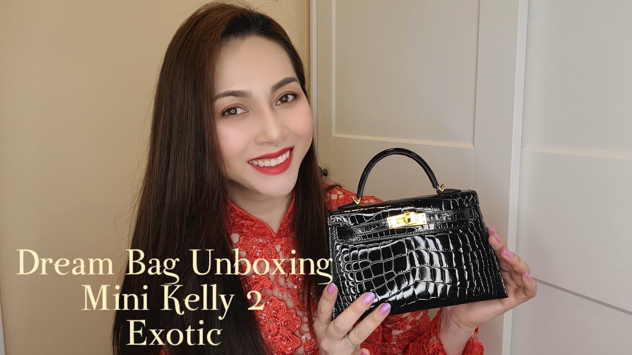 Hermes Dream Bag Unboxing  Mini Kelly 2 Shiny Crocodile in Black