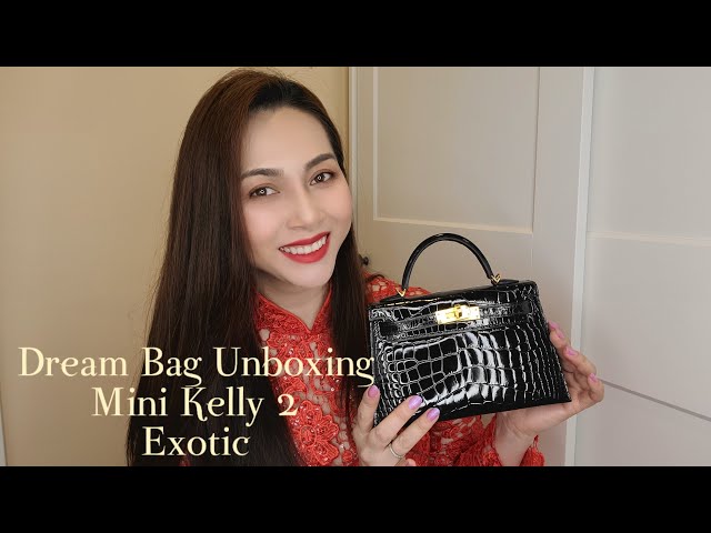 Hermes Dream Bag Unboxing  Mini Kelly 2 Shiny Crocodile in Black and Gold  Hardware 