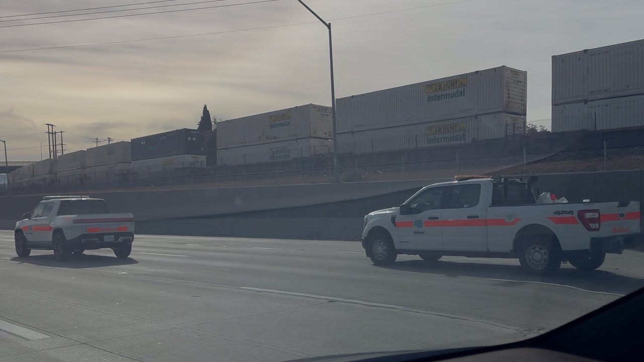 Caltrans Rivian R1T next to Caltrans Ford F150 - YouTube