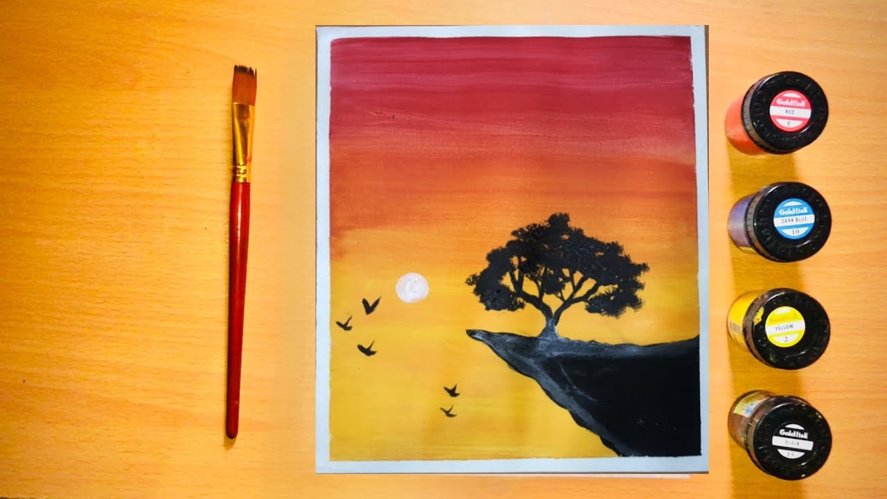 Easy Sunset Landscape Painting for Beginners | Poster Colors | Acrylic ...