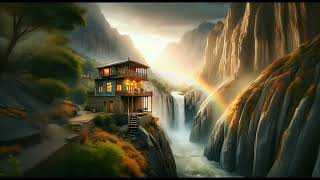 Daylight Nature,ASMR,Ambiance The View of a House next to a rocky Waterfall,near a cave,rainbow,AFG1