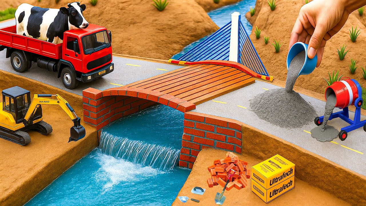 Construction Science Project Mini Bridge - DIY Mini Truck Builds Brick & Metal Railing Bridge