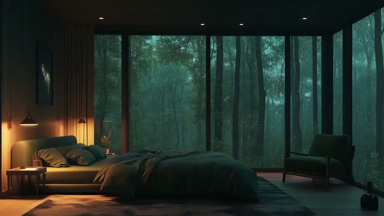 Quiet Indoor Night Hours Accompanied by Rainfall and Piano Sounds