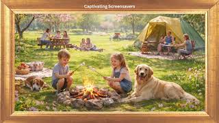 Family Campfire Moments | 4K Gold Frame Spring Art | TV Screensaver | No Sound