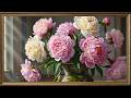 Soft Pink Peonies in Morning Light Elegant Framed TV Art Screensaver