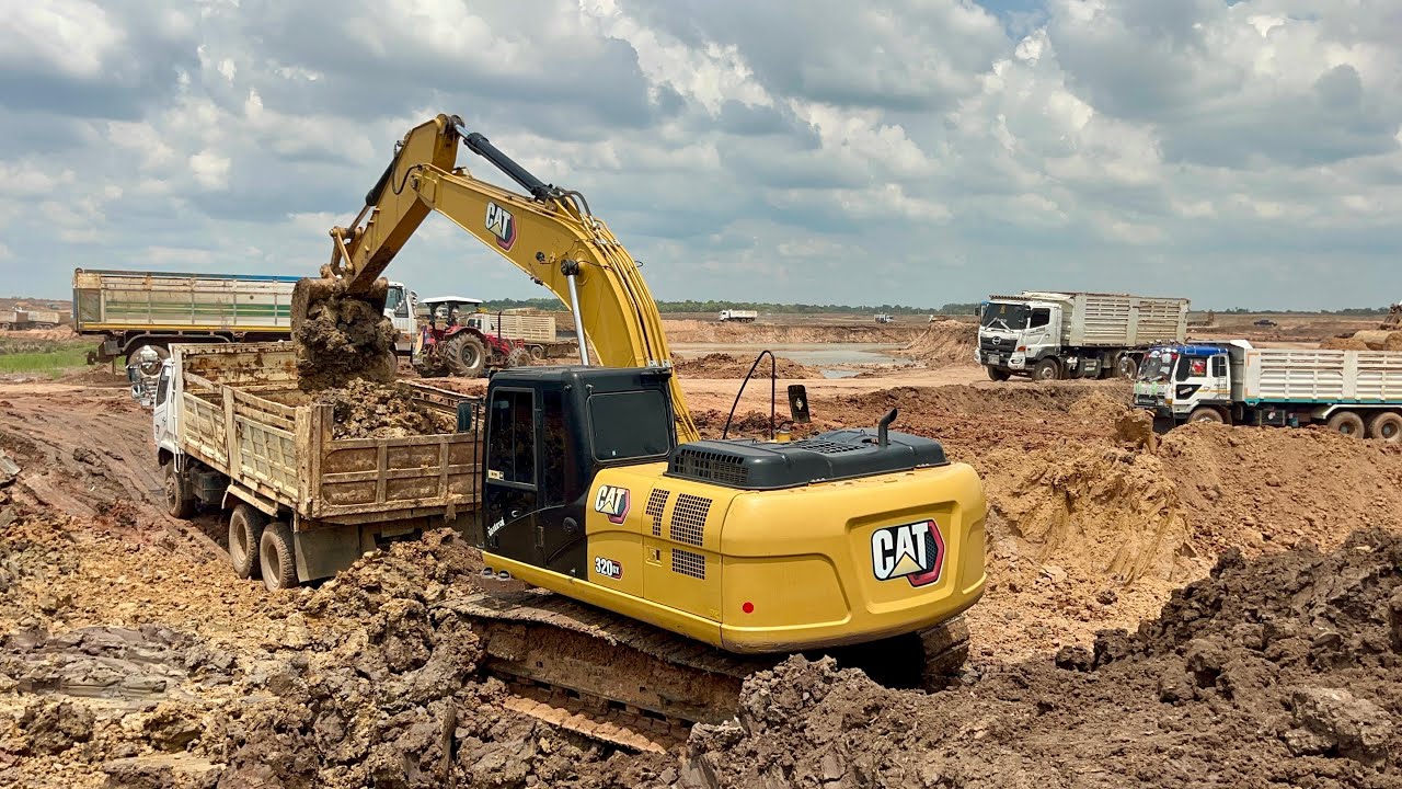 ไวจัด CATERPILLAR 320GX ตักดินใส่ดั้มงานขุดลอกแก่งน้ำต้อนขอนแก่น