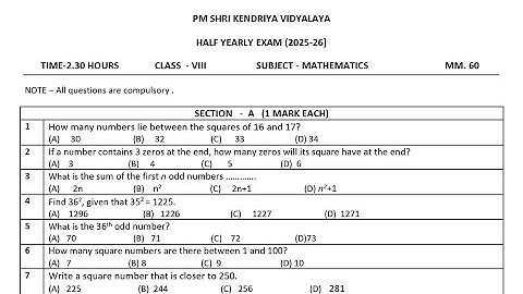 Class-8 Maths / Half Yearly Exam 2025-2026 Question Paper Term-1 For KENDRIYA VIDYALAYA Students 