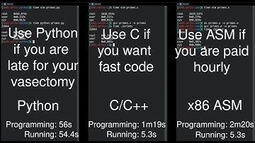 Python vs C/C++ vs Assembly side-by-side comparison