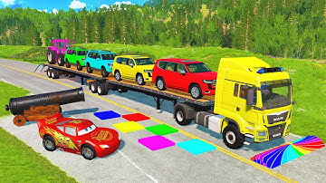 Flatbed Truck McQueen | Transportation with Truck - Pothole vs Car #65 | BeamNG.Drive Gameplay