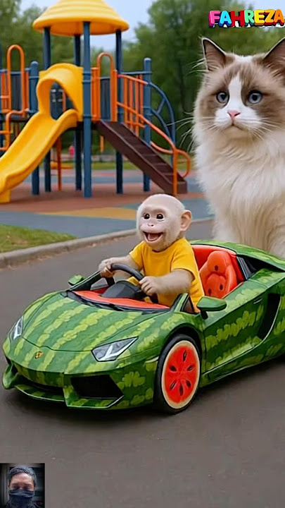 Monyet naik mobil lamborghini dan kucing lucu,monyet,monkey,kitten,kitty,kucing lucu,cat,bandar,kera