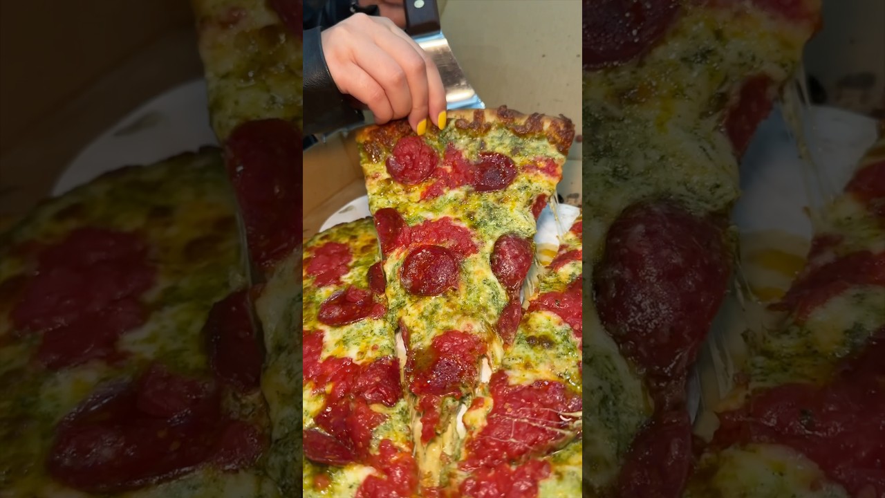 The PESTO PEPPERONI PIZZA from Nuovo York Pizza in NYC’s East Village!! 🍕🔥🤤 #DEVOURPOWER