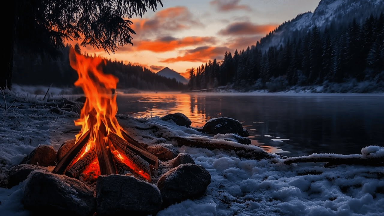 Fall Asleep in a Snowy Forest 🌲🔥 Cozy Fire & River Sounds | Deep Sleep Ambience 4K