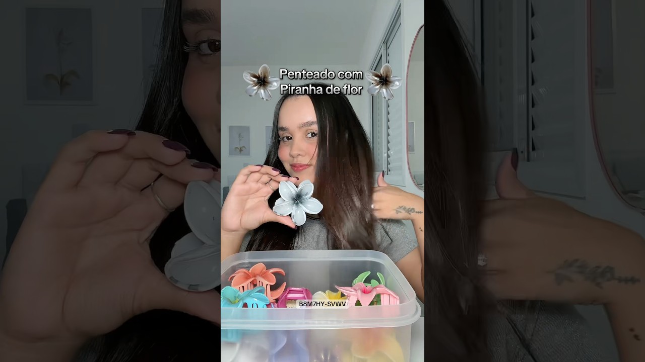 Penteado com piranha de flor!🩶Qual será a próxima cor? #penteados #penteadosimples #piranhas
