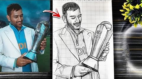 how to draw ms Dhoni With ICC champion Trophy,Outline tutorial,महेंद्र सिंह धोनी को चित्र कैसे बनाए,