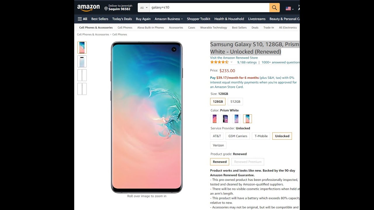 Samsung Galaxy S10, 128GB, Prism White   Unlocked Renewed